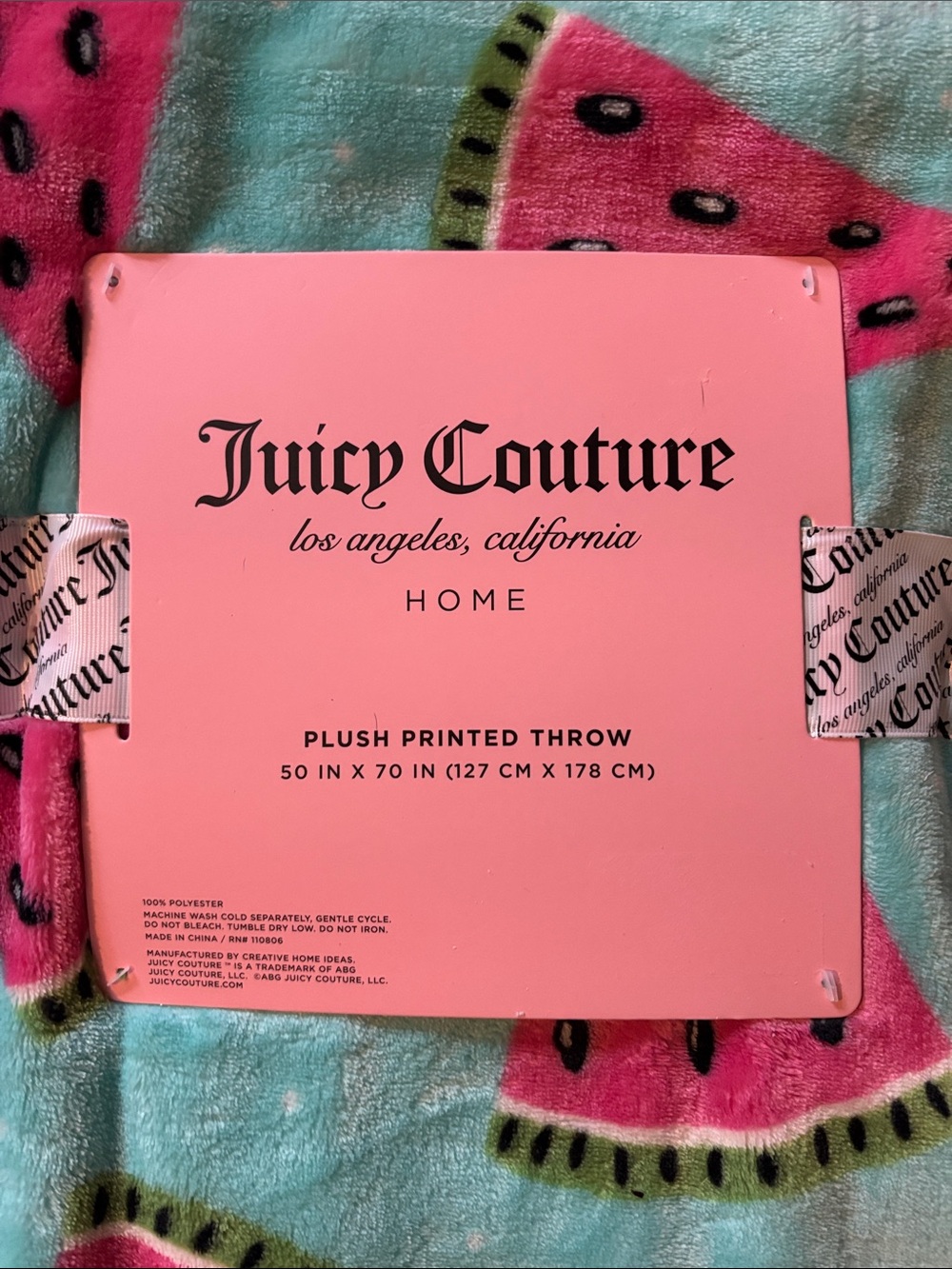 Juicy Couture Watermelon Print Aqua Plush Throw new - Picture 3 of 3